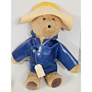 Vintage Paddington Bear Plush by Carmella 17" Blue Vinyl Coat Yellow Hat TLC Tag